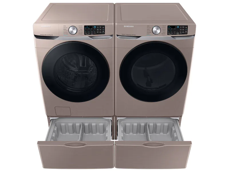 Samsung DVE45B6300C WF45B6300AC champagne washer and dryer pair with pedestals